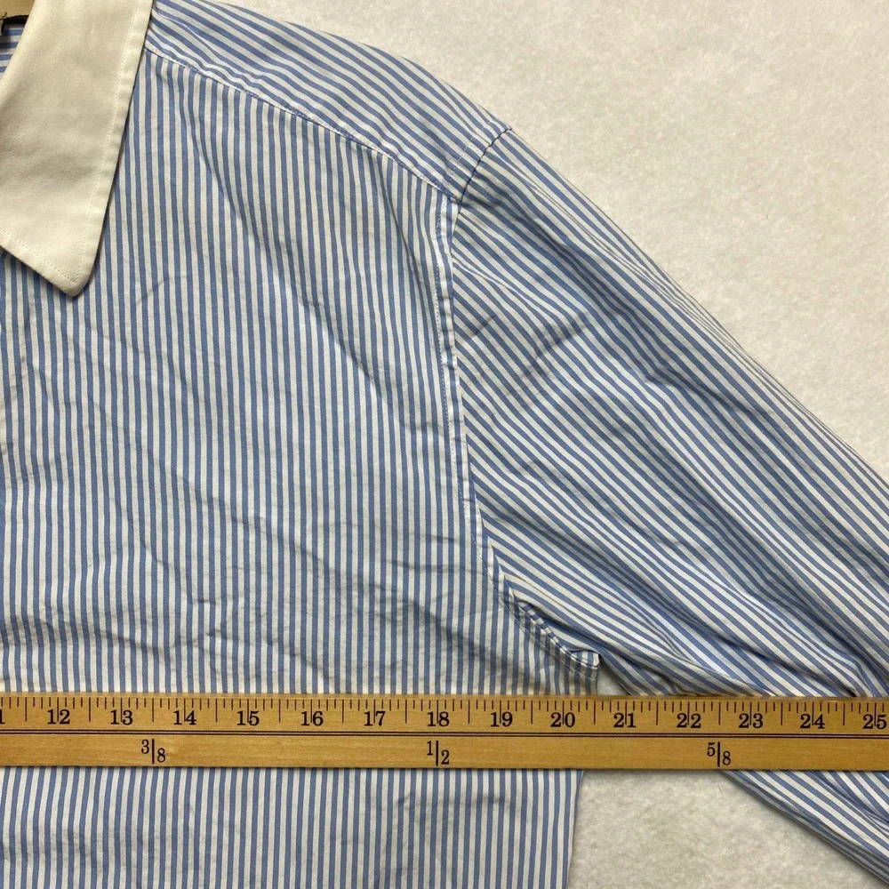 GUCCI Uniform Shirt Mens 16 Blue Long Sleeve White Collar Button Down Stripe